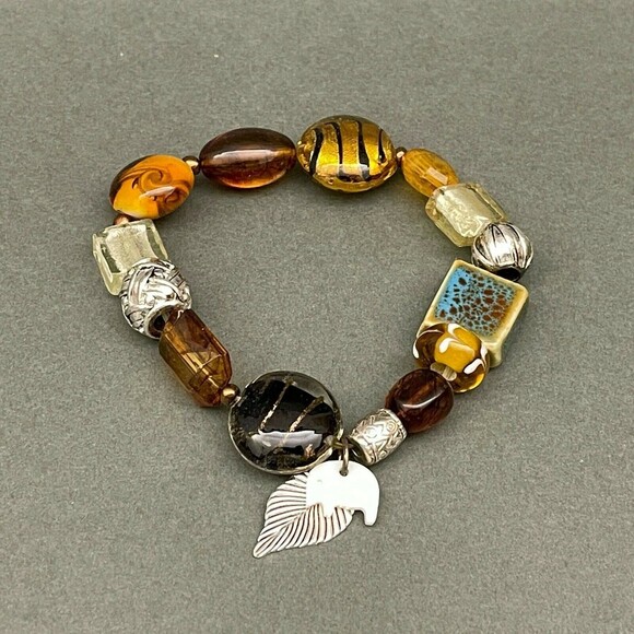 Glass Beads Brown Silver-tone Blue Women's Fashion Stretch Bracelet NWOT - Picture 1 of 2